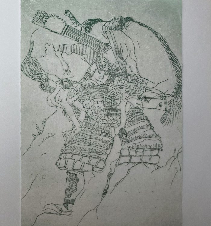 « Le samouraï Hatakeyama Shigetada portant son cheval » d’après Hokusai